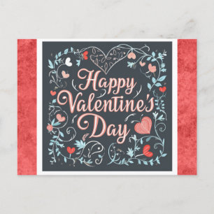Valentines Day Vintage Script Red Heart Floral Postcard
