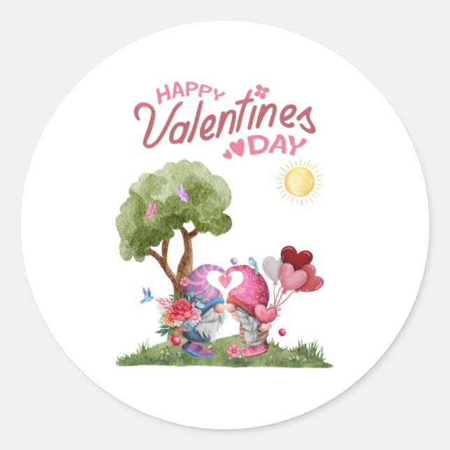 Valentine's Day Watercolor Gnome Couple Classic Round Sticker (Front)