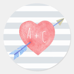 Valentine's Day Watercolor Heart Arrow Stripes Classic Round Sticker