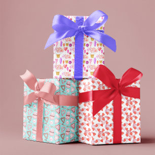 Valentine's Day Watercolor Hearts Cupcakes Balloon Wrapping Paper Sheet