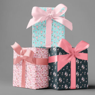 Valentine's Day Watercolor Hearts Flowers Pattern  Wrapping Paper Sheet