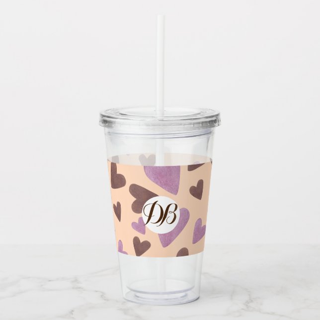 Valentines Day Watercolor Hearts Monogram Acrylic Tumbler (Front)
