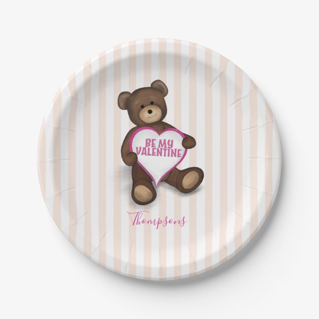 Valentine's Day Watercolor Modern Rustic Teddy Paper Plate (Front)