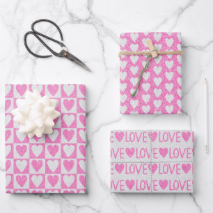 Valentine's Day Wedding Pink White Glitter Hearts  Wrapping Paper Sheet
