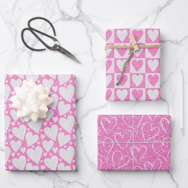Valentine's Day Wedding Pink White Glitter Hearts Wrapping Paper Sheet (Front)