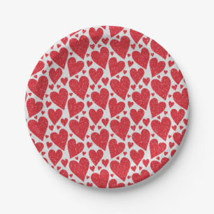 Valentine's Day Wedding Red White Glitter Hearts Paper Plate