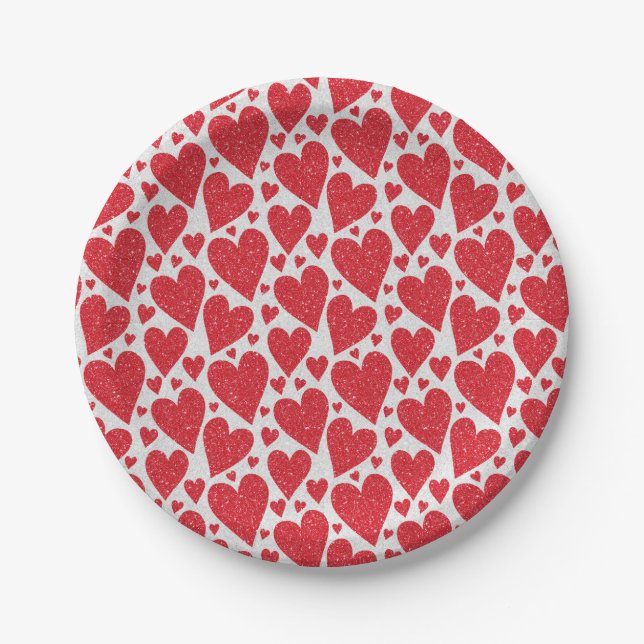Valentine's Day Wedding Red White Glitter Hearts  Paper Plate (Front)