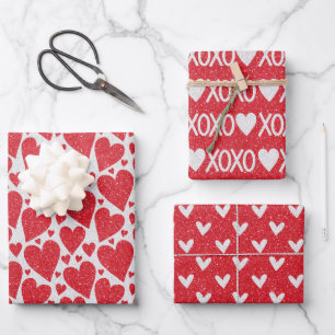Valentine's Day Wedding Red White Glitter Hearts W Wrapping Paper Sheet