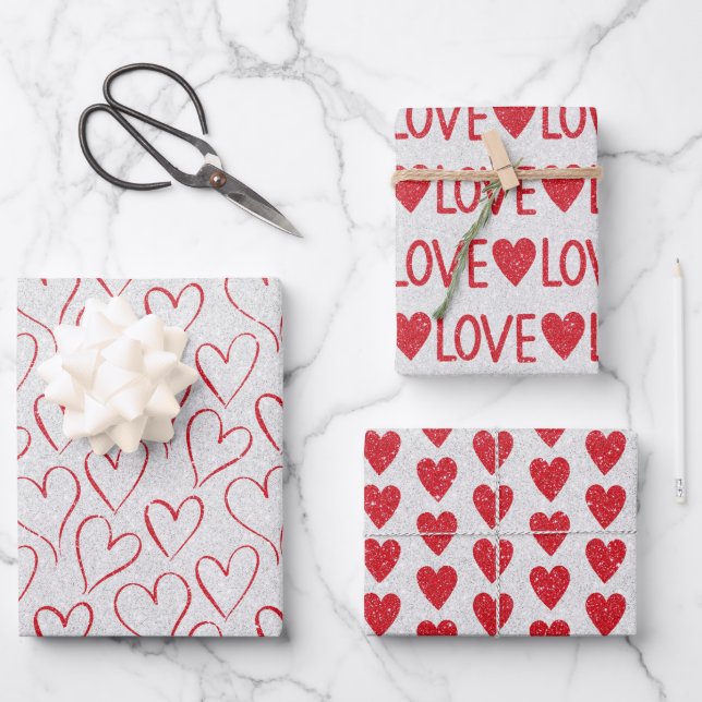 Valentine's Day Wedding Red White Glitter Hearts Wrapping Paper Sheet (Front)