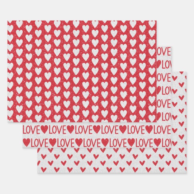 Valentine's Day Wedding Red White Glitter Hearts Wrapping Paper Sheet (Set)