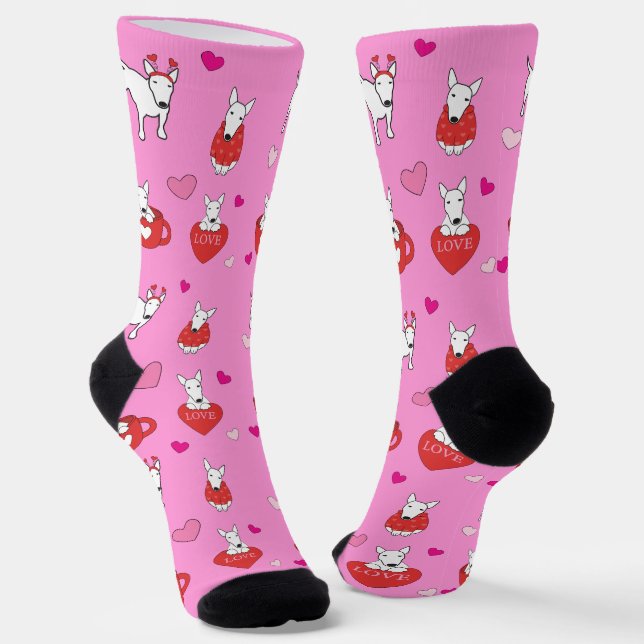 Valentines Day White Bull Terrier Doggy Dog Hearts Socks (Angled)