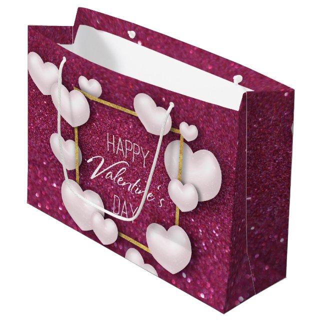 Valentine's Day White Heart Glitter Large Gift Bag (Front Angled)