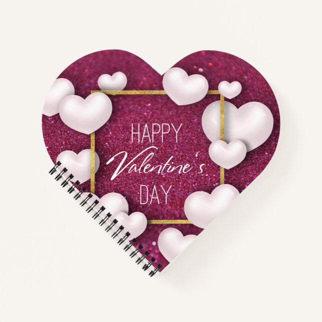 Valentines Day White Heart Glitter Spiral Notebook (Front)