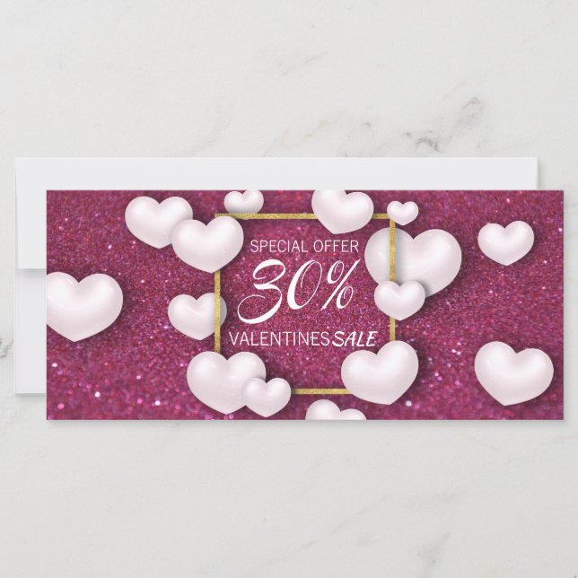 Valentine's Day White Hearts Glitter Discount Card (Front)