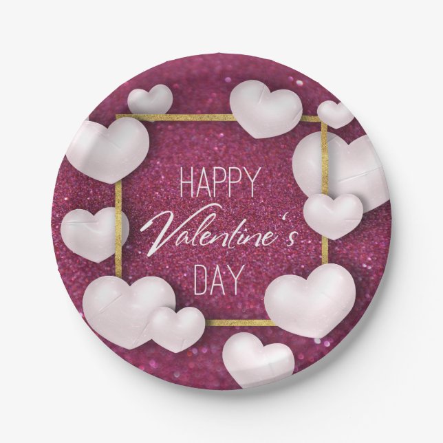 Valentine's Day White Hearts Glitter Paper Plate (Front)