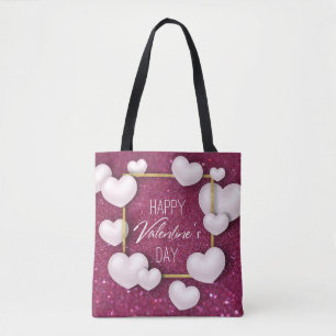Valentine's Day White Hearts Glitter - Tote Bag