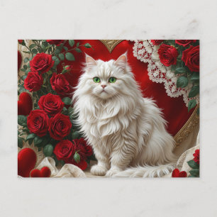 Valentine's Day White Persian Cat with Roses Holiday Postcard