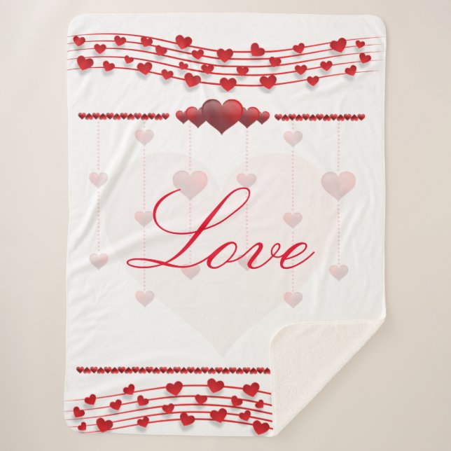 Valentines Day White / Pink Hearts Sherpa Blanket (Front)