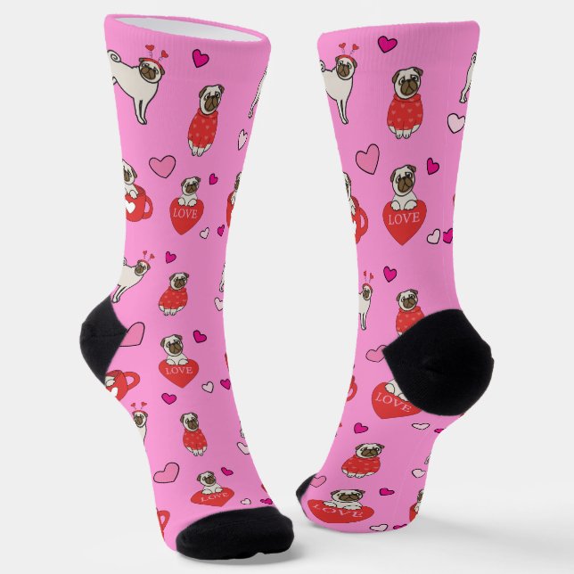 Valentines Day White PUG Pink Doggy Dog Hearts Socks (Angled)