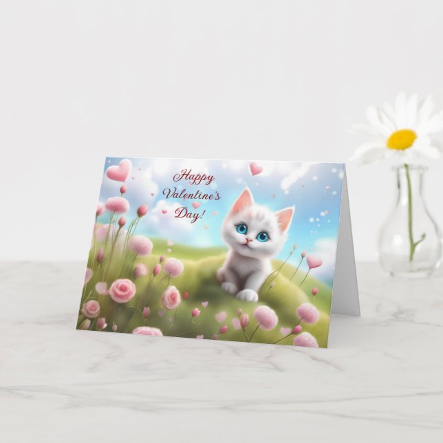 Valentine's Day with Cute Blue Eyed White Kitten Card (Small Plant)