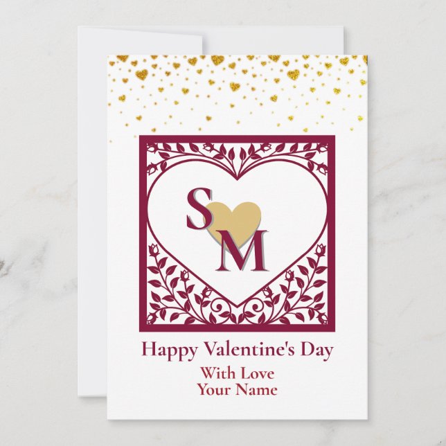 Valentine's Day with  Red Initial and Gold Heart Holiday Card (Front)