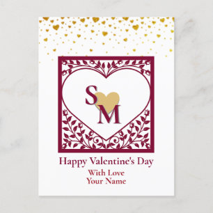 Valentine's Day with  Red Initial and Gold Heart Holiday Postcard