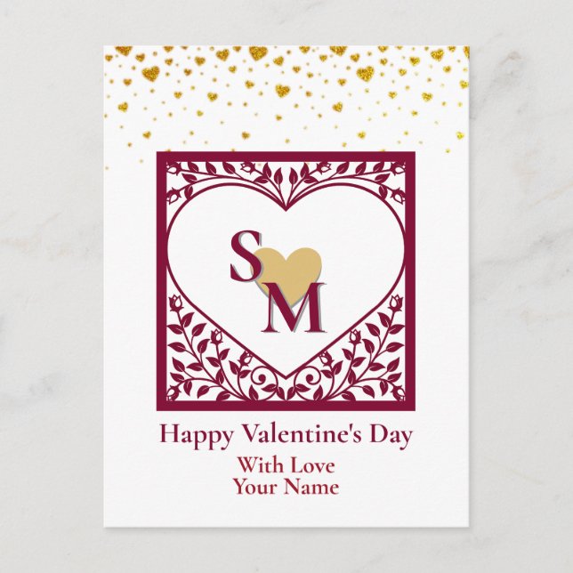 Valentine's Day with  Red Initial and Gold Heart Holiday Postcard (Front)