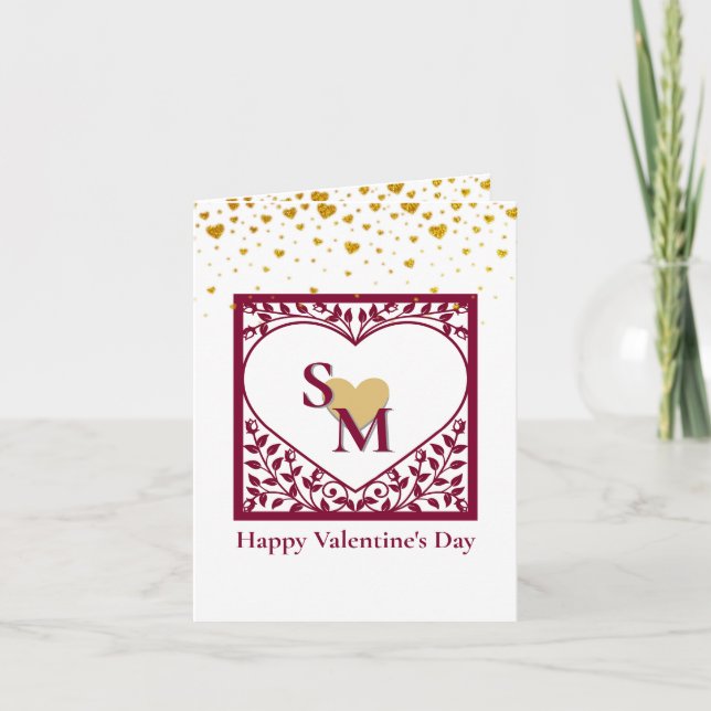 Valentine's Day with  Red Initial and Gold Heart Invitation (Front)
