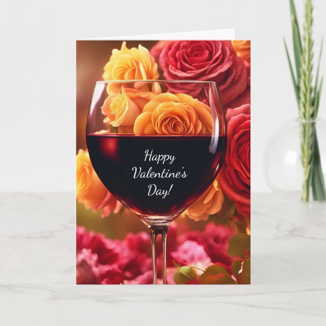 Valentines Day with Wine and Roses Pretty  Card (Front)