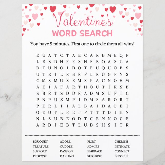 Valentine's Day Word Search Game (Front)