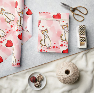Valentine's Day Wrapping Paper Cat Red Hearts