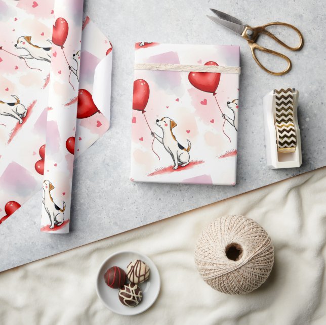 Valentine's Day Wrapping Paper Dog Red Hearts (Crafts)