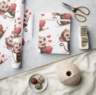 Valentine's Day Wrapping Paper Monkey Red Hearts