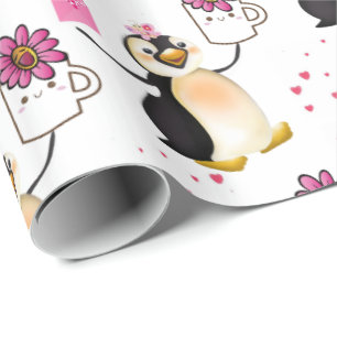Valentine's Day Wrapping Paper Penguin Hearts