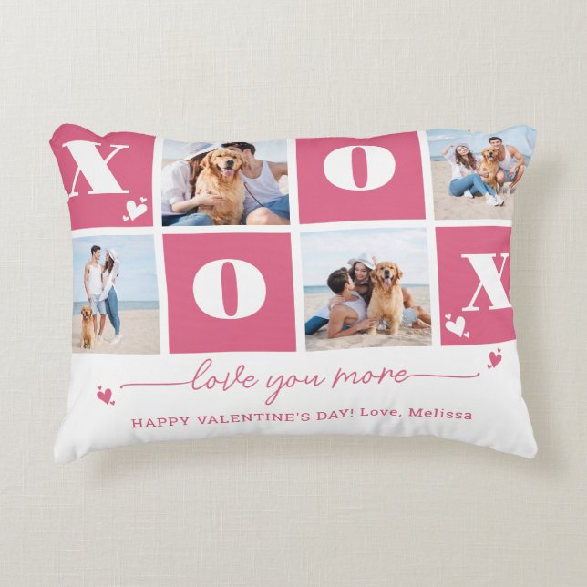 Valentines Day XOXO Modern Pink 4 Photo Collage Decorative Cushion (Front)