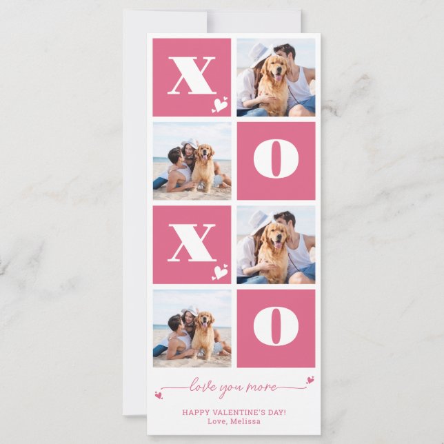 Valentine's Day XOXO Modern Pink 4 Photo Collage Holiday Card (Front)