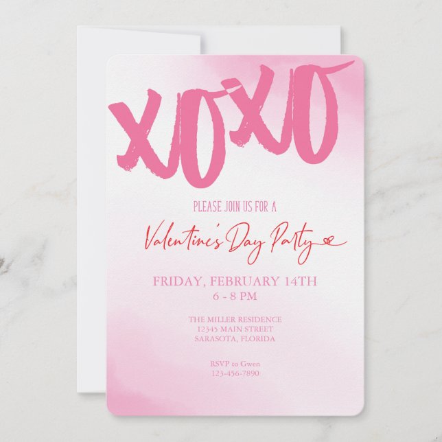 Valentine's Day XOXO Pink Watercolor Party Invitation (Front)