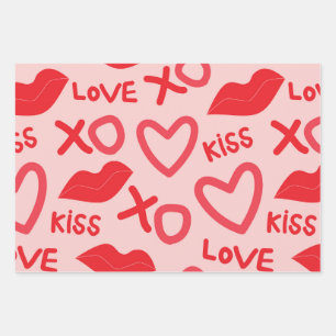 Valentines Day XOXO with Red Hearts and Lips Wrapping Paper Sheet