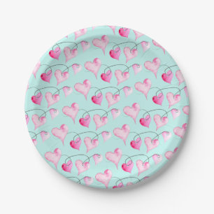 Valentines Decor Watercolor Pink Hearts Paper Plate