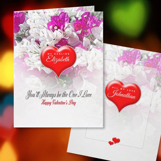 Valentine's Deep Red Heart on Floral Pink White Card (Creator Uploaded)