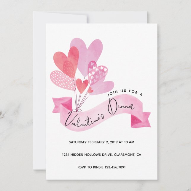 Valentine's Dinner Invitation with Heart Balloons (Front)