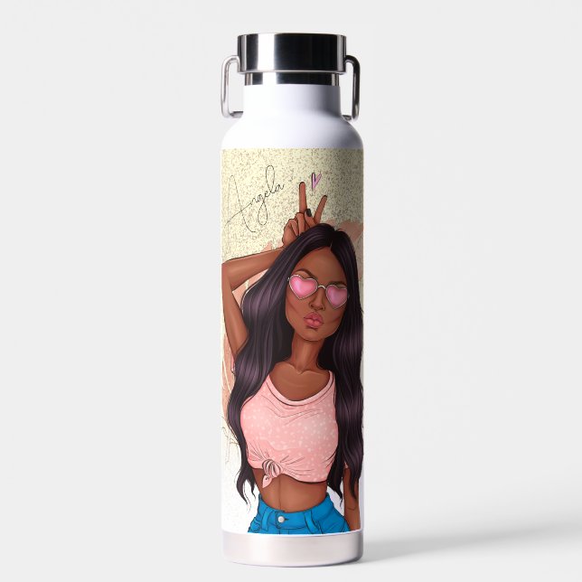 Valentines Faux Glitter Girl Tan Black Hair Water Bottle (Front)