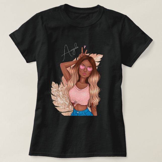 Valentines Faux Glitter Girl Tan Hair Brown Pink T-Shirt (Design Front)