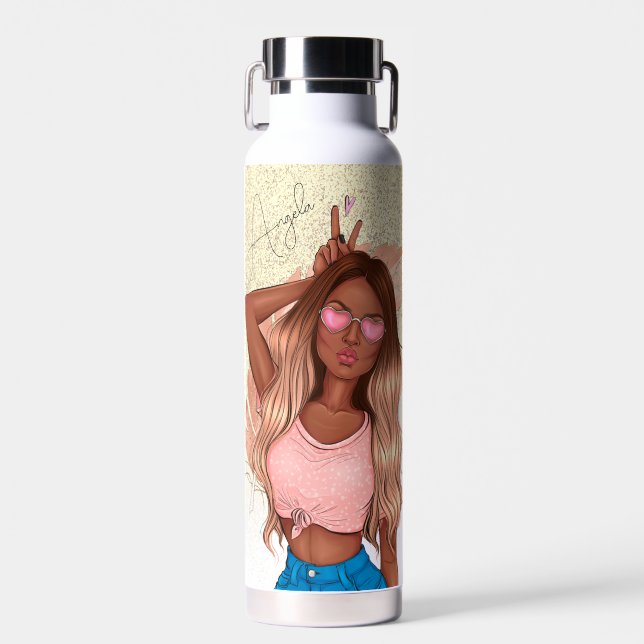 Valentines Faux Glitter Girl Tan Hair Brown Pink Water Bottle (Front)