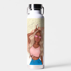 Valentines Faux Glitter Girl Tan Wavy Hair   Water Bottle