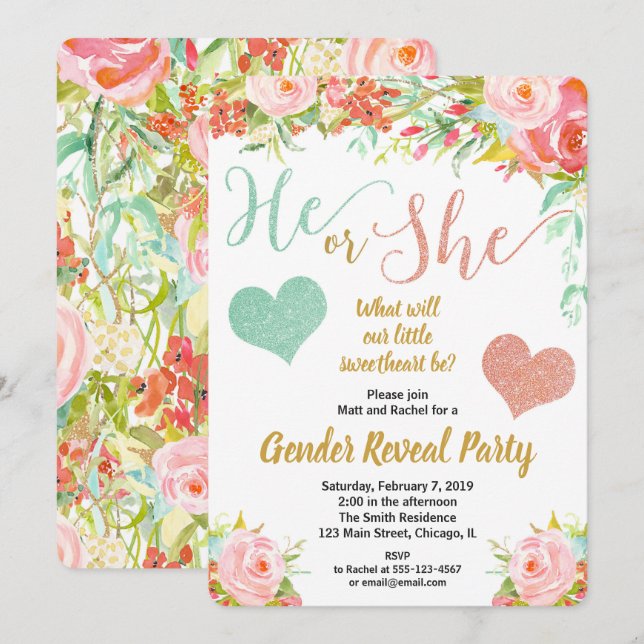 Valentines floral little sweetheart gender reveal invitation (Front/Back)
