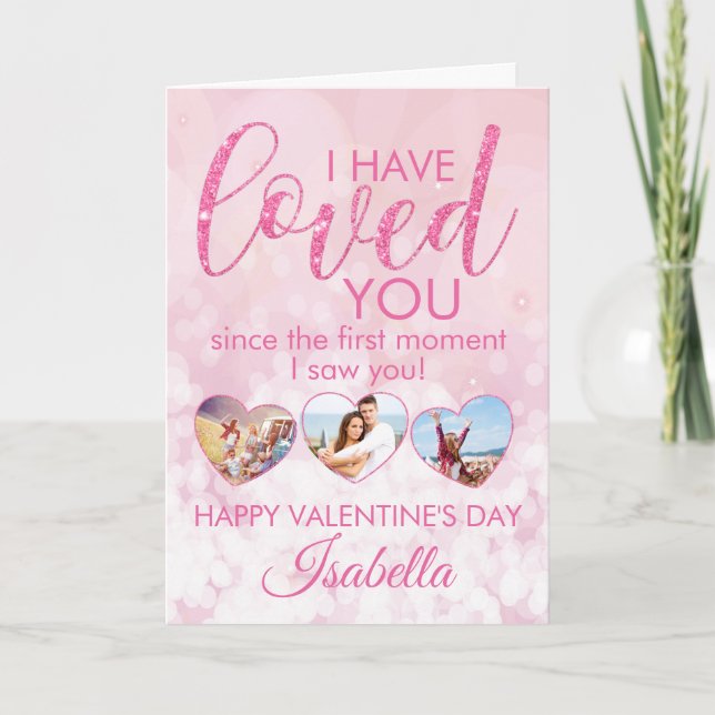 Valentines Girly Pink Glitter Photo Collage Card (Front)