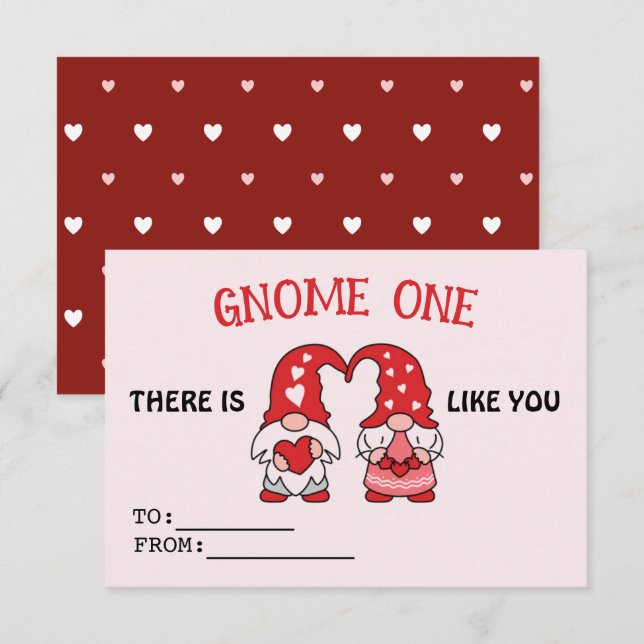 Valentine's Gnome Cute Class Card Red Hearts (Front/Back)