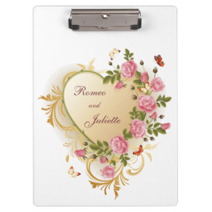 Valentines - Gold Striped Heart with Roses Clipboard