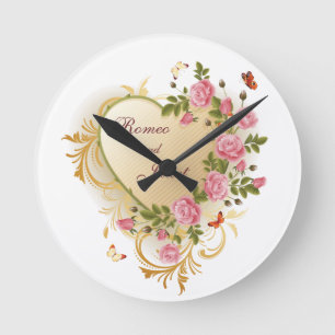 Valentines - Gold Striped Heart with Roses Round Clock